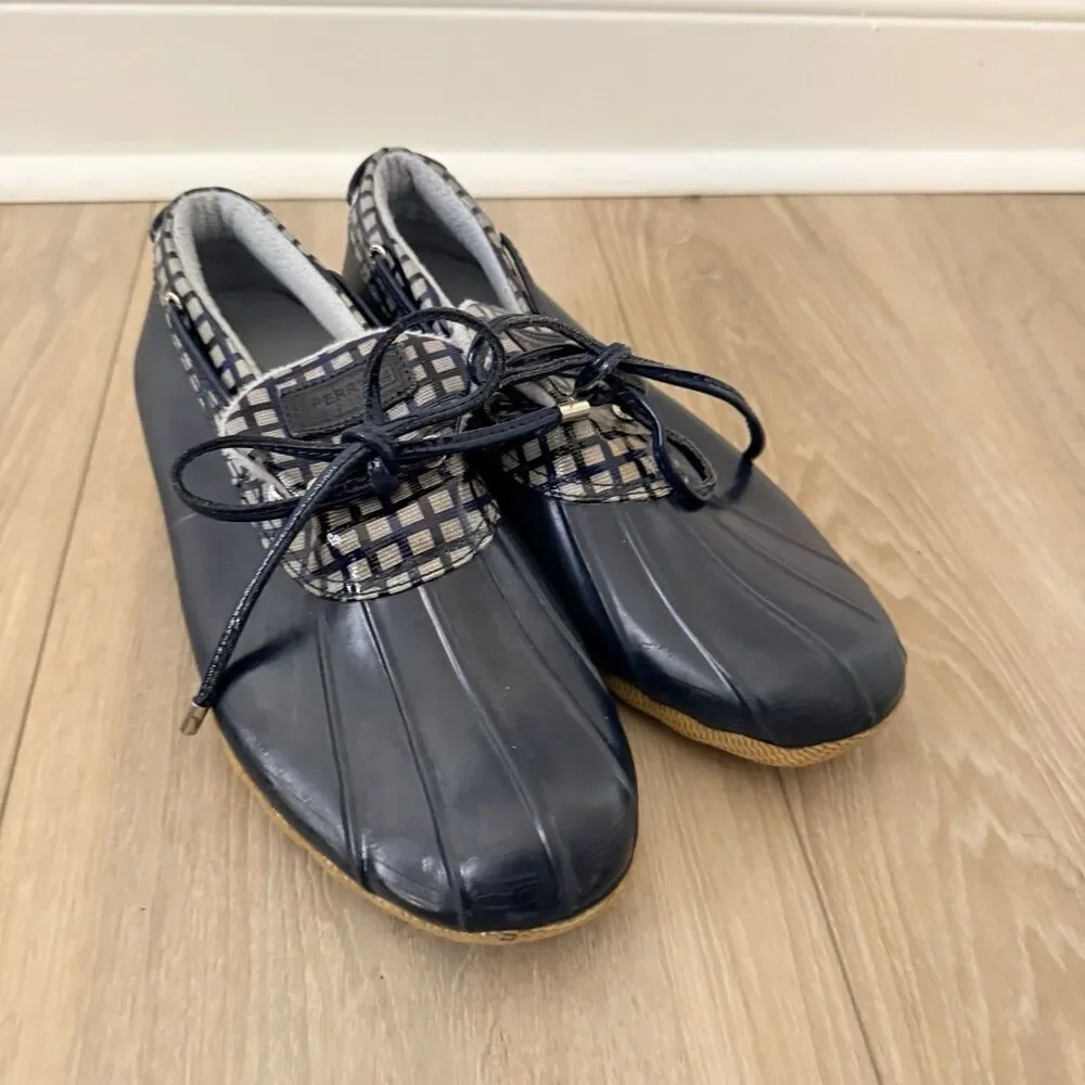 SPERRY Top-Sider Plaid Rubber Leather Duck Boots H10-CH373 Womens 10 Navy